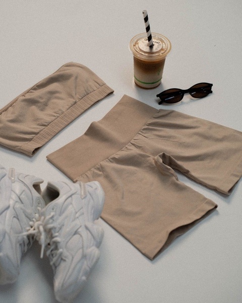 sports bra, biker shorts, activewear set, athletic shorts, training bra, running sneakers, new arrival, flat lay, minimalist, calm, fresh, neutral